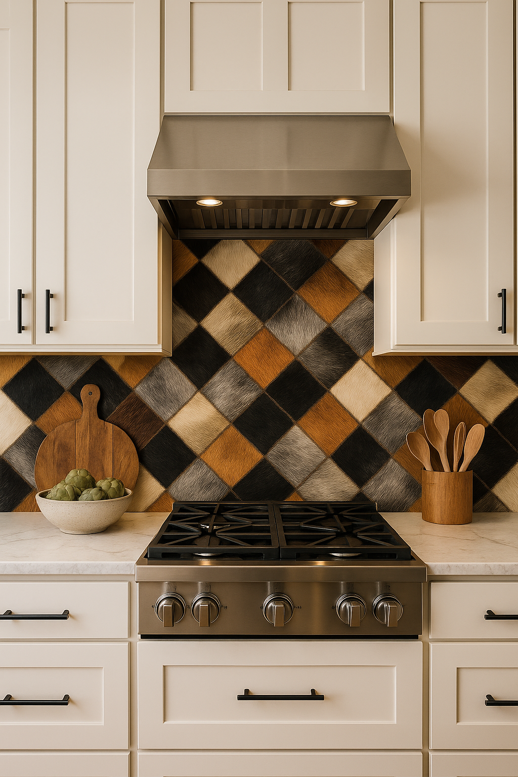 Hide & Chic wallpaper featuring a patchwork of black, brown and cream fur squares, arranged in a diamond pattern.