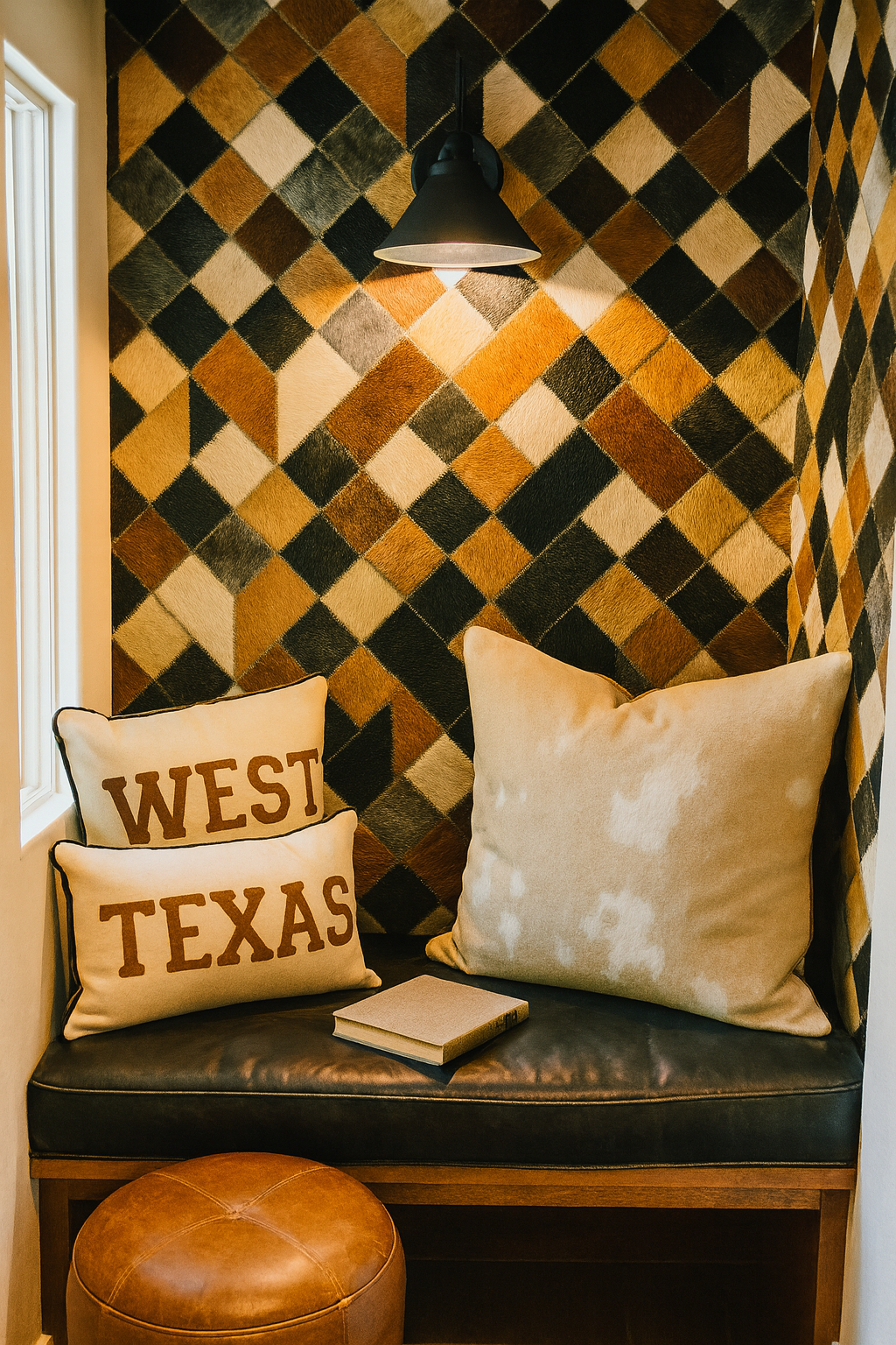 Geometric hide-and-chic wallpaper with patchwork pattern, featuring textured diamond shapes in shades of brown, tan, and black.