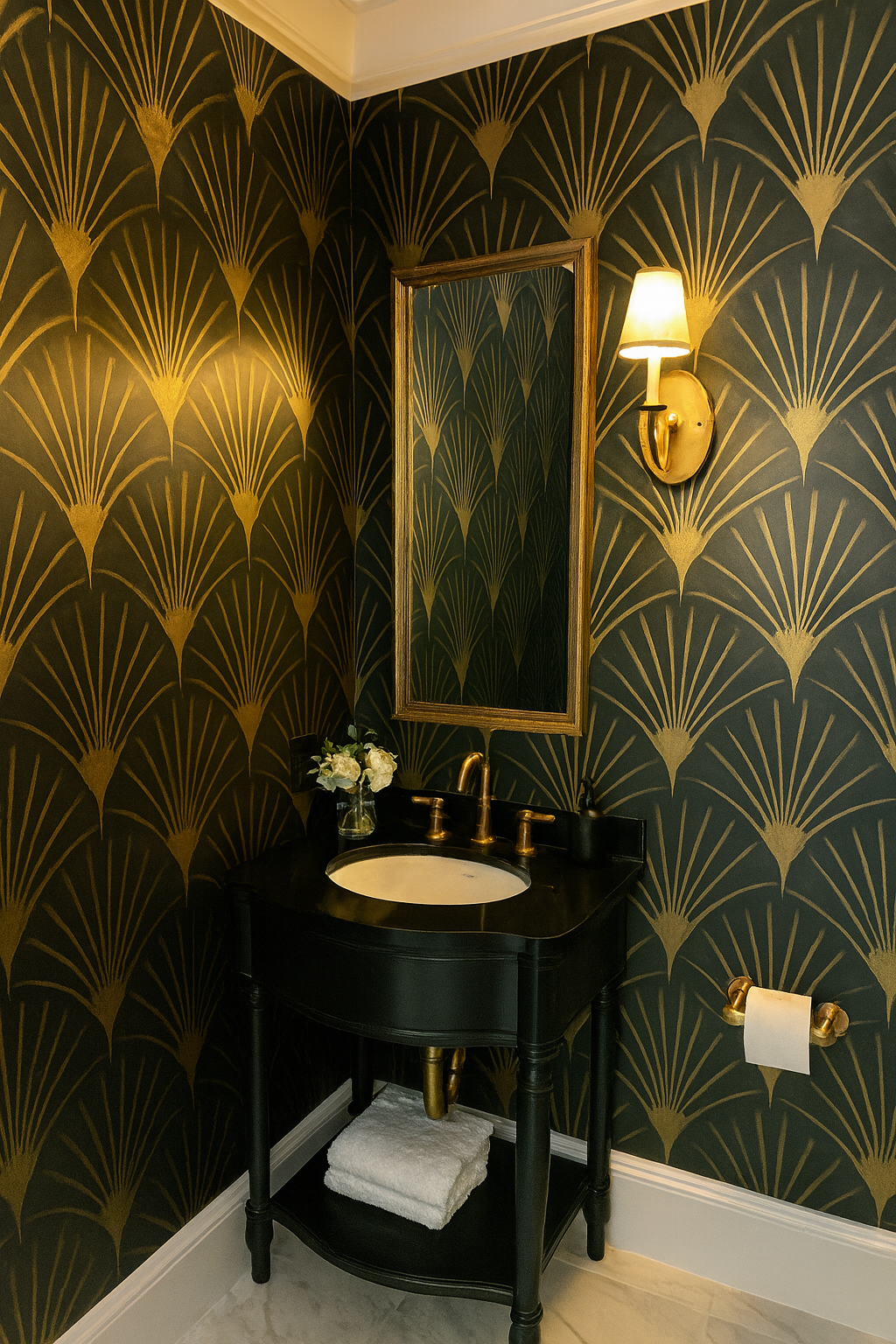 Black and gold patterned wallpaper with Art Deco fans, by Gatsby, in a powder room setting.