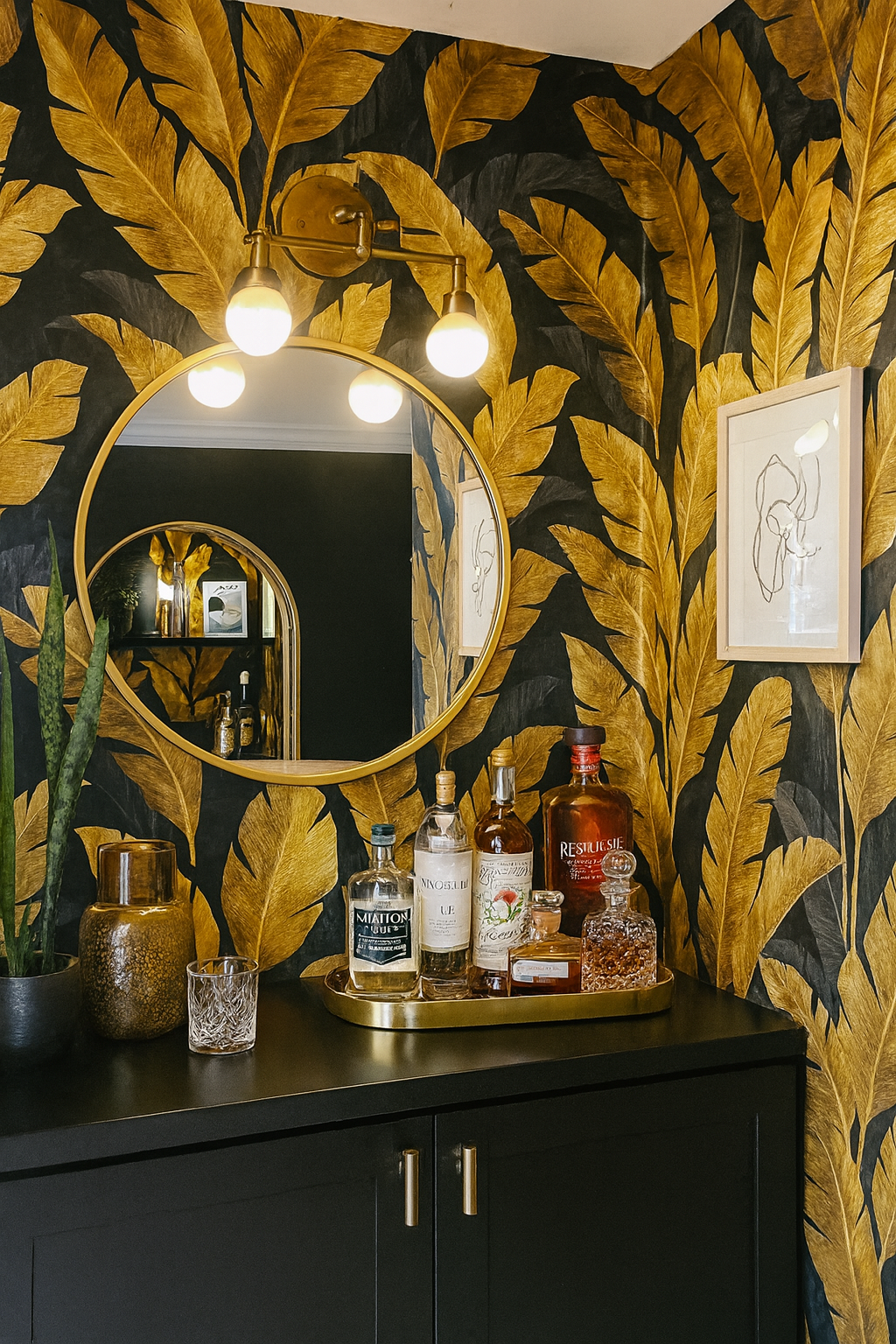 Golden Tropic wallpaper with gold leaf pattern on black background.