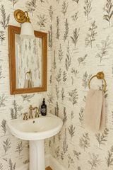 Herbarium Scroll Wallpaper with botanical herb drawings and vintage handwriting pattern.
