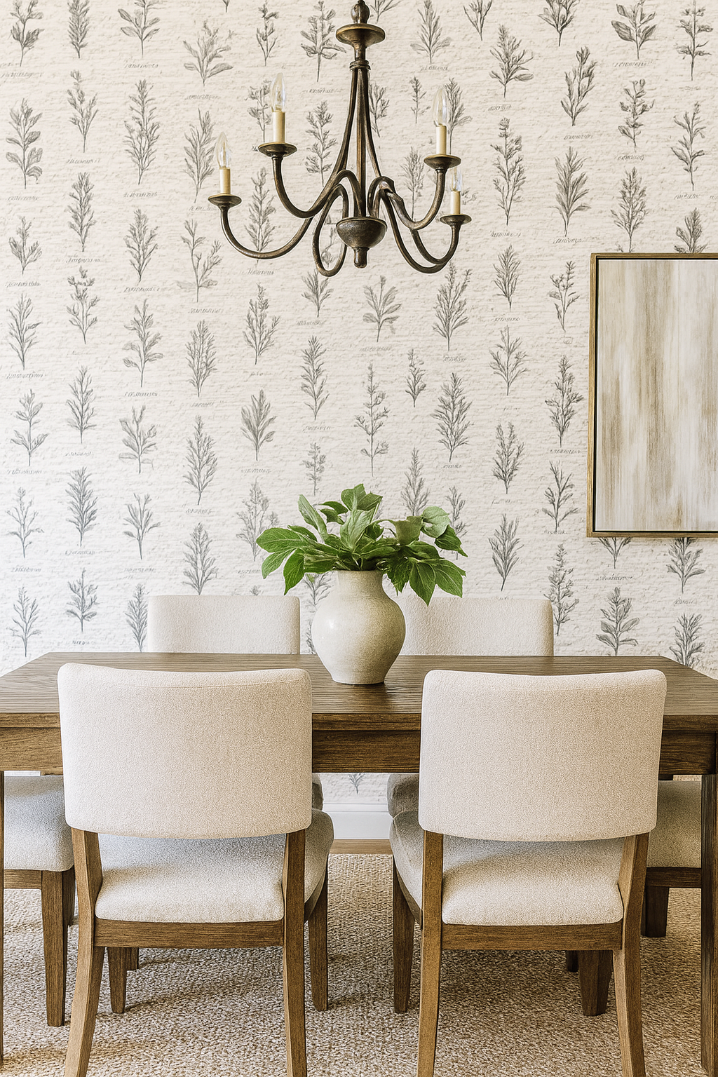Botanical scroll wallpaper with leaf pattern and hand-written script, displayed with a wood dining set.