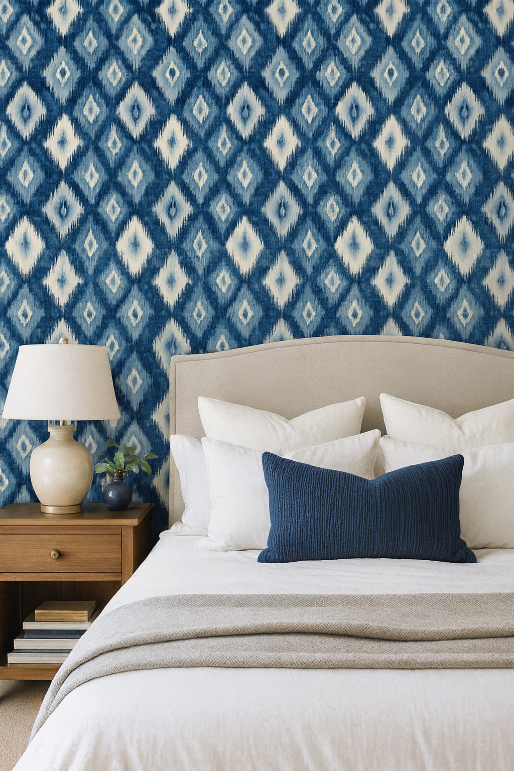 Indigo Mirage wallpaper with diamond ikat pattern on the wall behind the bed.