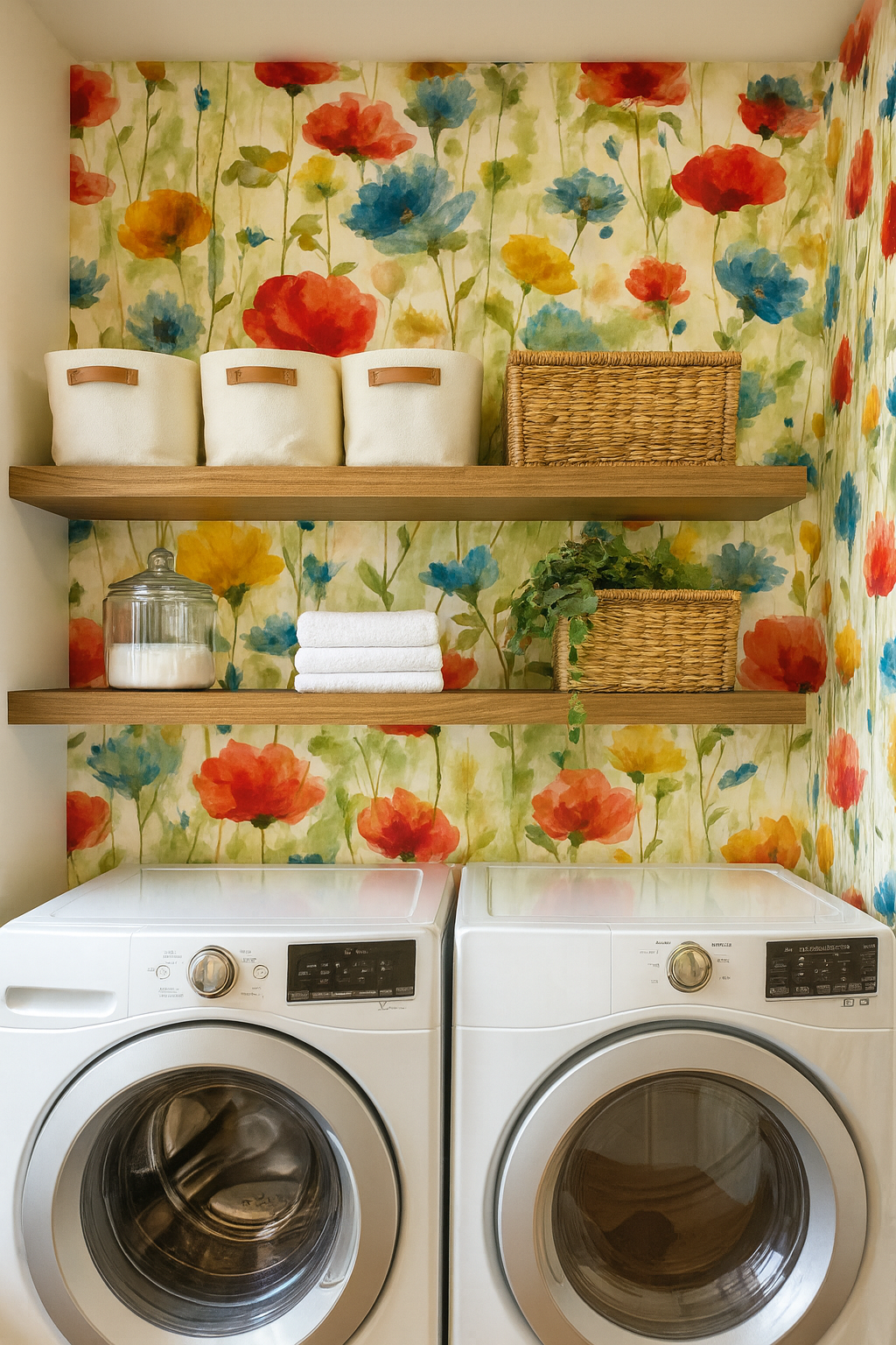 Floral meadow wallpaper with red, yellow, and blue watercolor flowers against a light beige backdrop.
