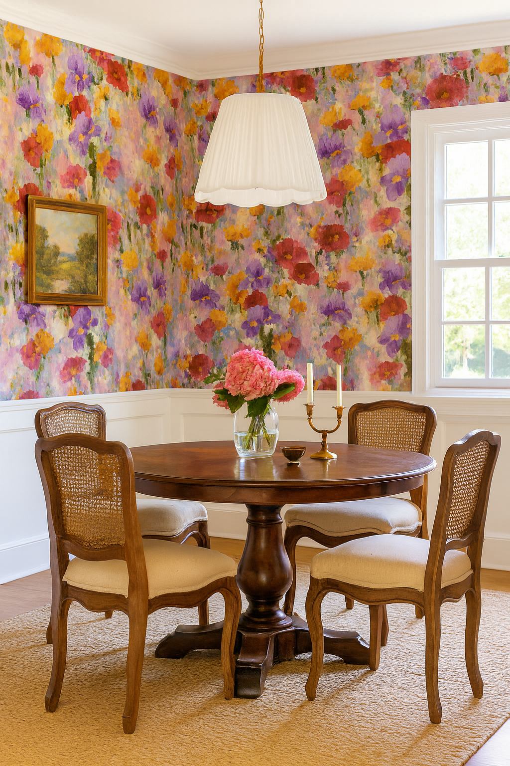 Floral bloom wallpaper in painterly style featuring red, yellow, and purple hues.
