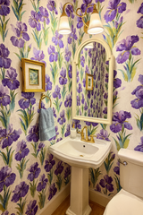 Floral Iris Chorus Wallpaper with purple and green iris pattern.
