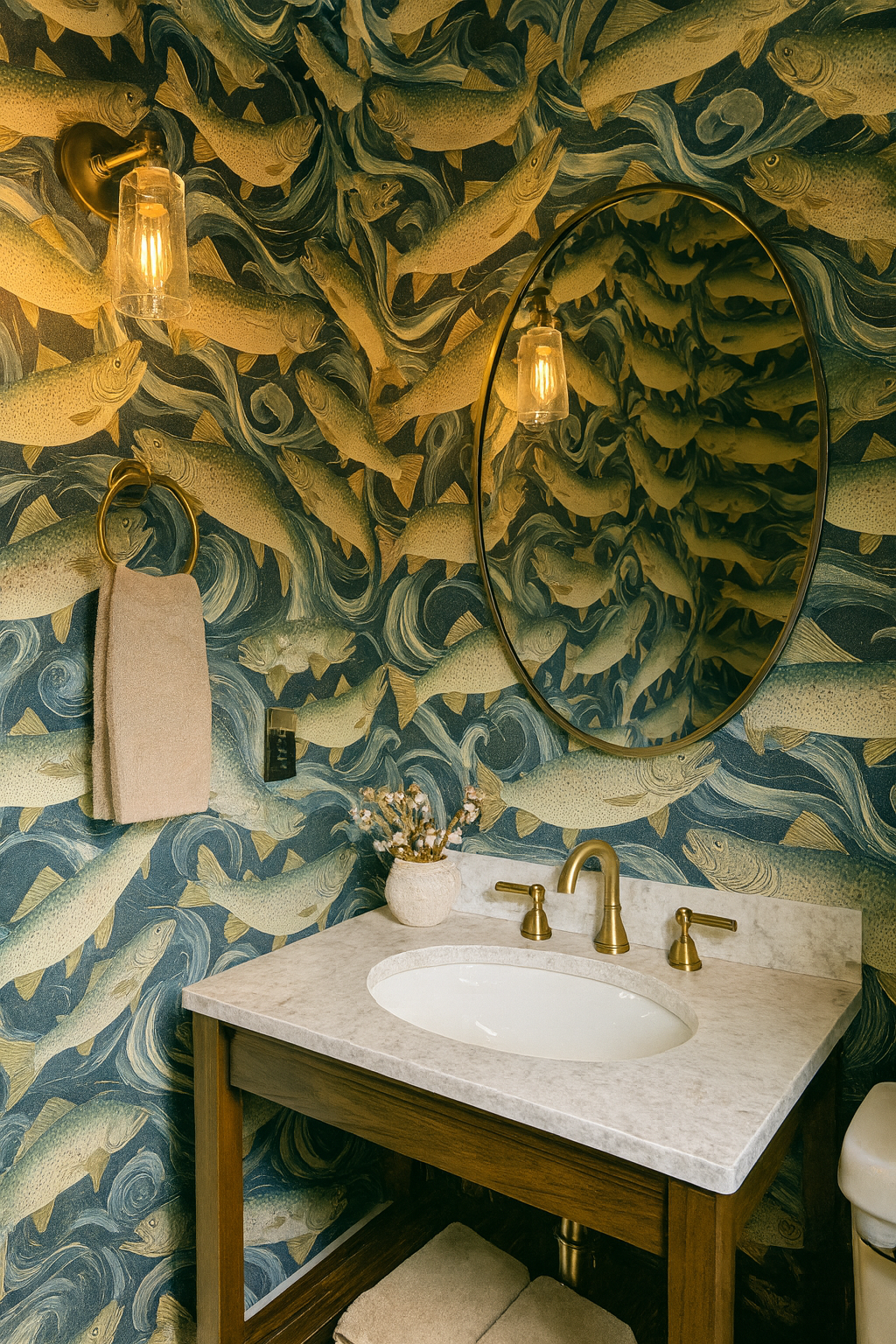 Trout Waltz Wallpaper with a fish pattern on blue and beige background.