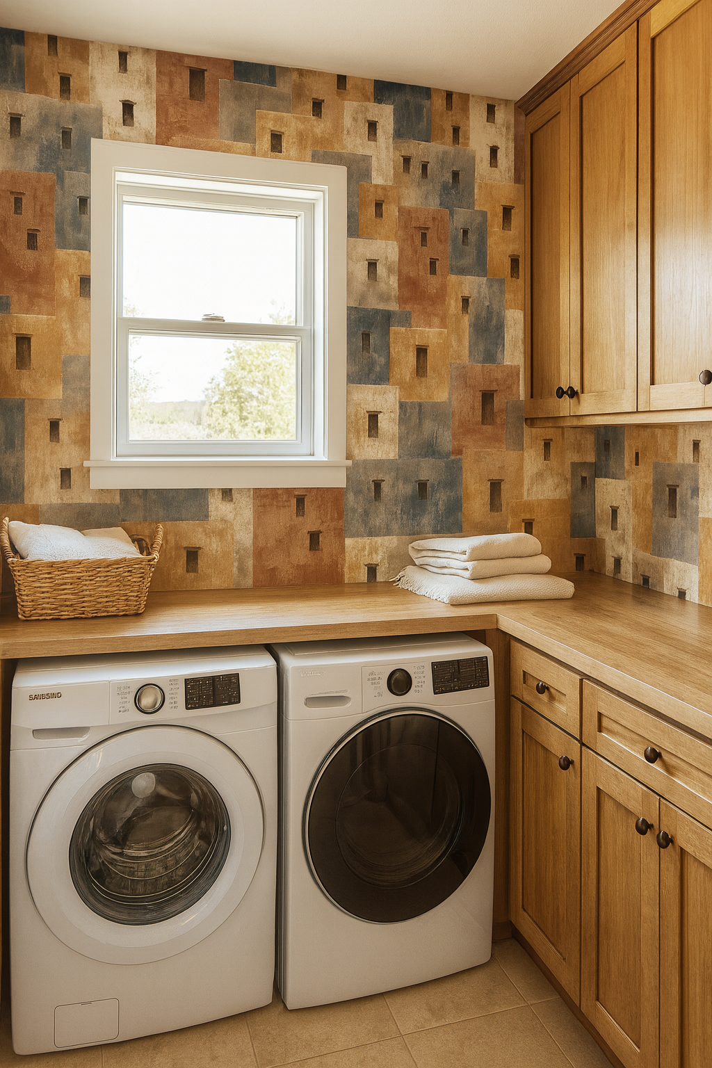 Tones of brown, blue, and cream block wallpaper with window design by Adobe Mirage.