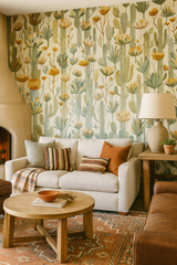 Cactus Chorus Wallpaper with desert botanical print featuring flowering cacti and succulents.