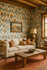 Zigzag patterned Zuni wallpaper with blue and orange ikat design, displayed in a rustic living room setting.
