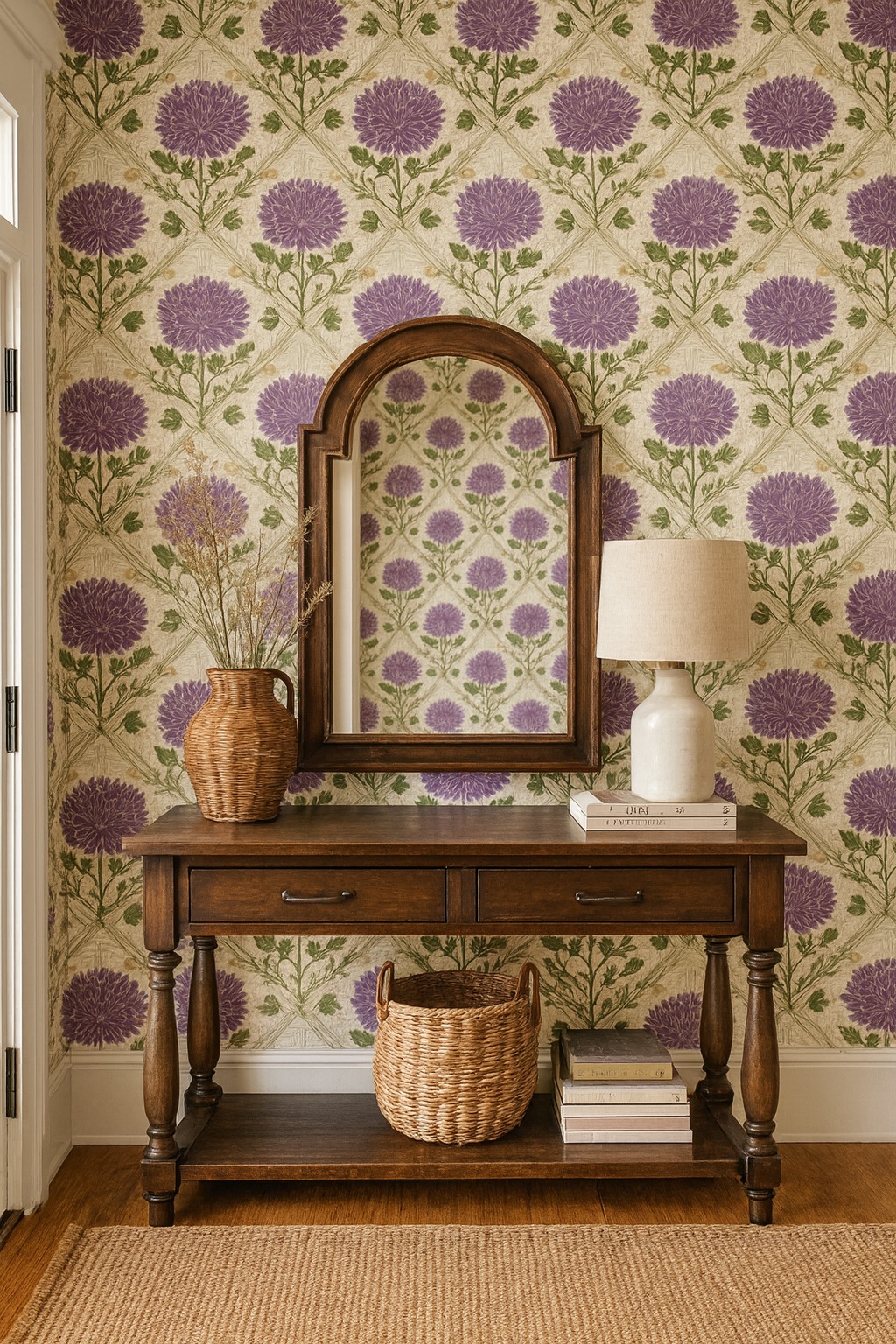 Floral wallpaper featuring purple blossoms by Wallshoppe, above dark wood console table, with vintage-inspired, decorative pattern.