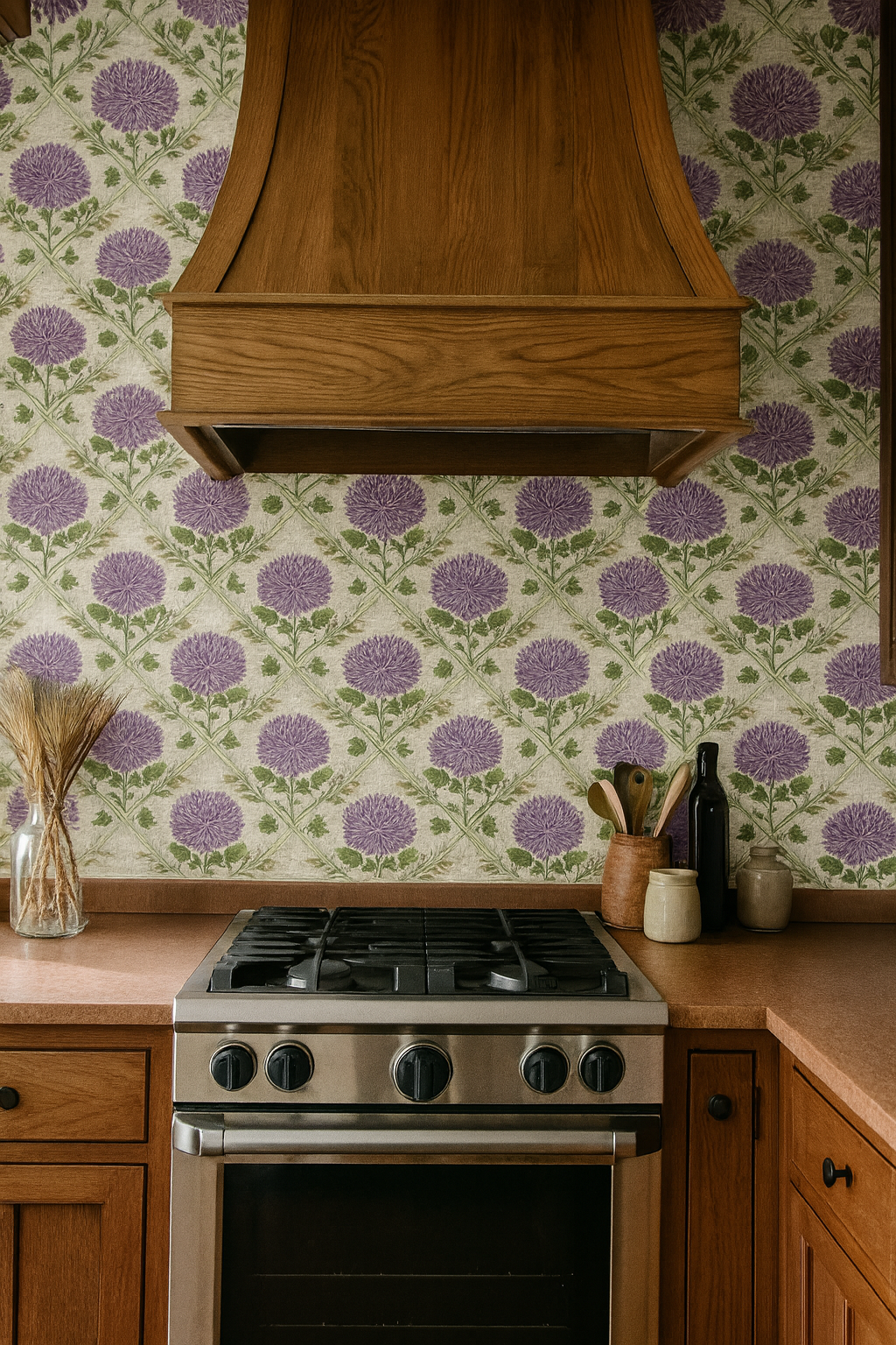 Floral print wallpaper with purple blooms against a patterned backdrop.