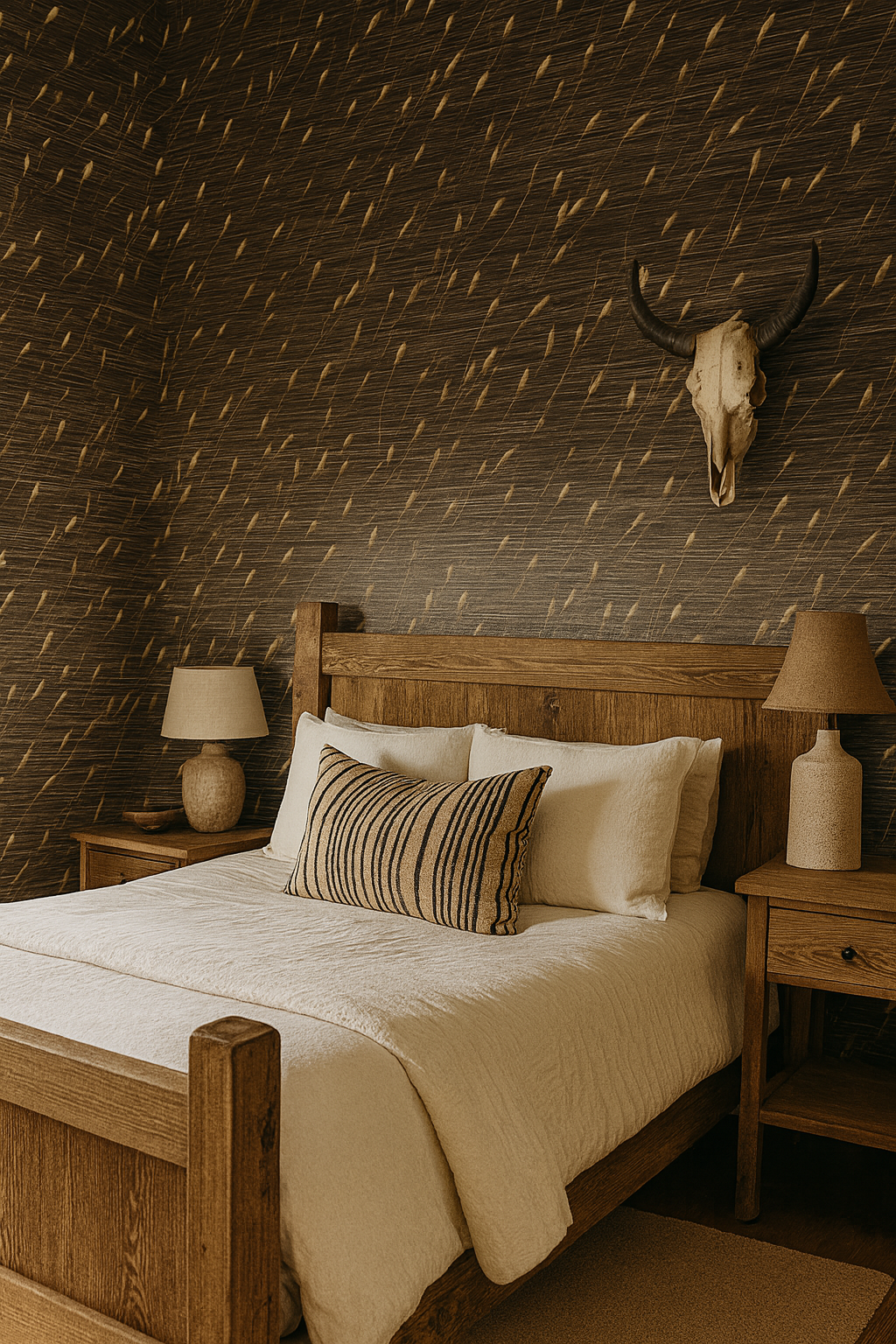 Wheat Whiskers Wallpaper in gold and brown, featuring a grass-like pattern, on a textured wall.