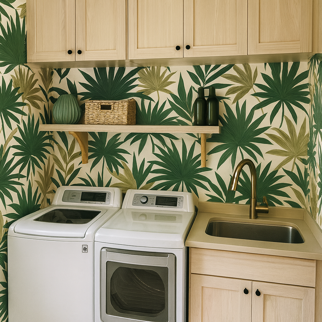 Palm leaf patterned wallpaper with green fronds, and neutral background, displayed in a laundry room setting.
