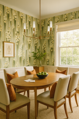 Swamp Lily Drizzle wallpaper featuring a floral pattern with white and yellow blooms, and green vertical streaks.