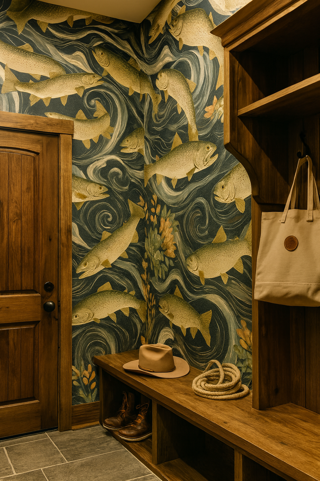 Trout Waltz wallpaper with a golden fish pattern, contrasted by dark swirling water and other naturalistic elements.
