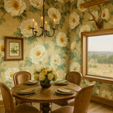 Floral Matilija Majesty Wallpaper with yellow flower pattern and greenery background details.
