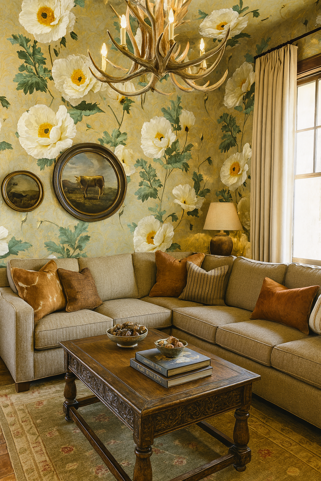 Floral wallpaper with white poppy design and green foliage, styled with vintage furniture.