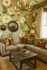 Floral wallpaper with white poppy design and green foliage, styled with vintage furniture.