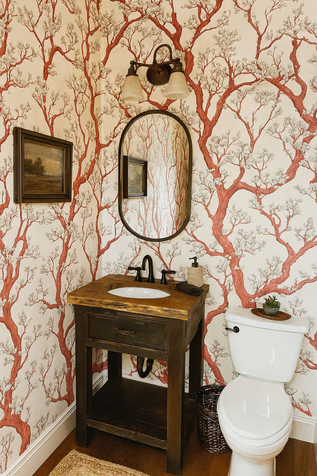 Manzanita tangle wallpaper with orange tree pattern, covering the bathroom walls.