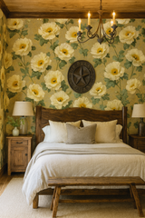 Floral wallpaper with a yellow and green pattern, featuring large white flowers.