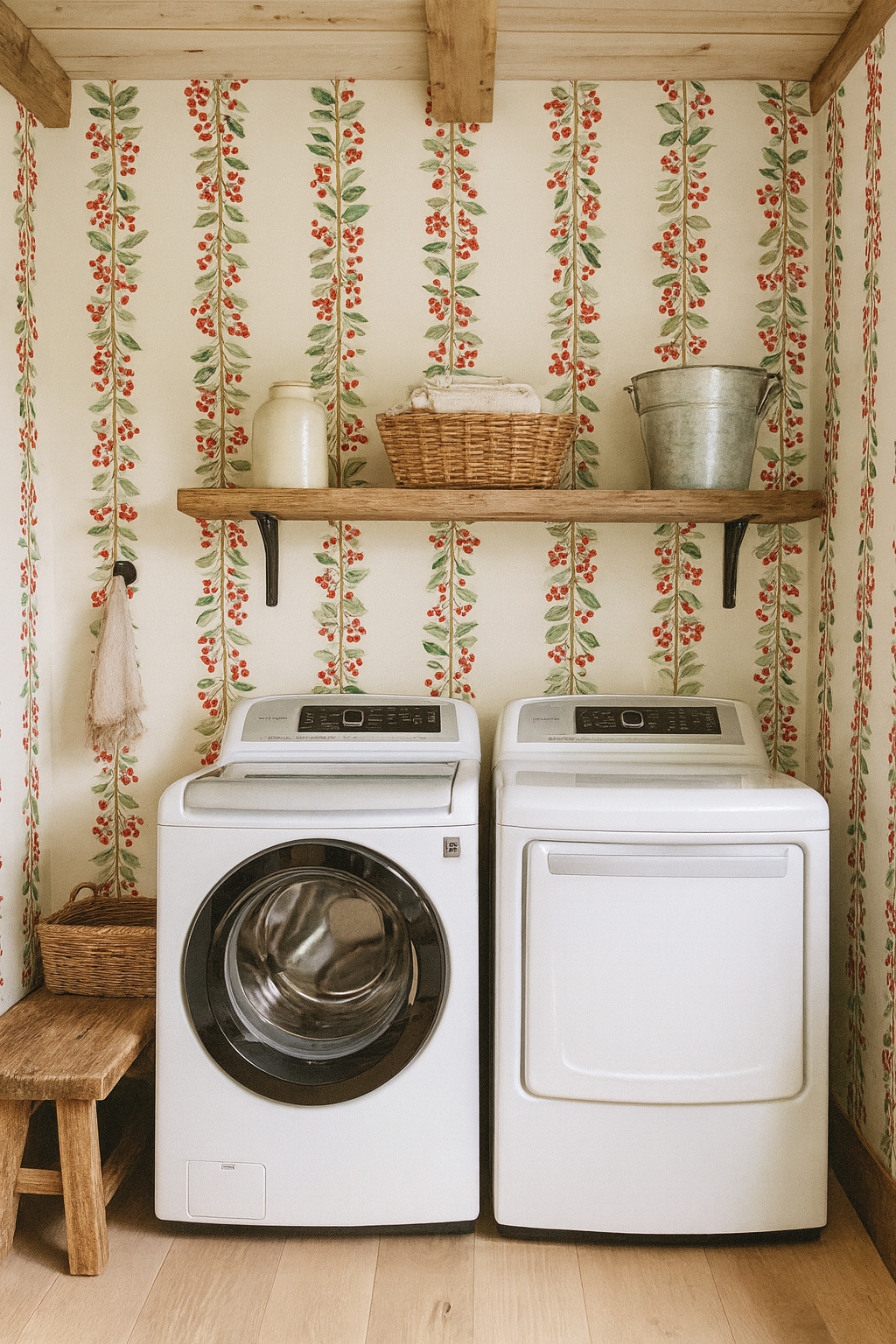 Berry patterned wallpaper with red berries and green leaves, in a vertical stripe arrangement.
