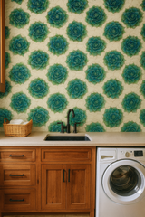 Succulent geometry wallpaper with blue and green floral pattern, textured background.