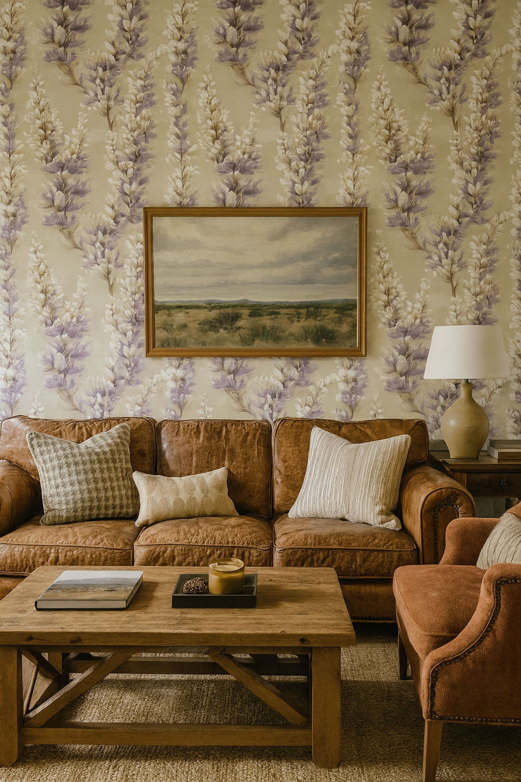 Floral print wallpaper with lavender and white blossoms, covering the wall.
