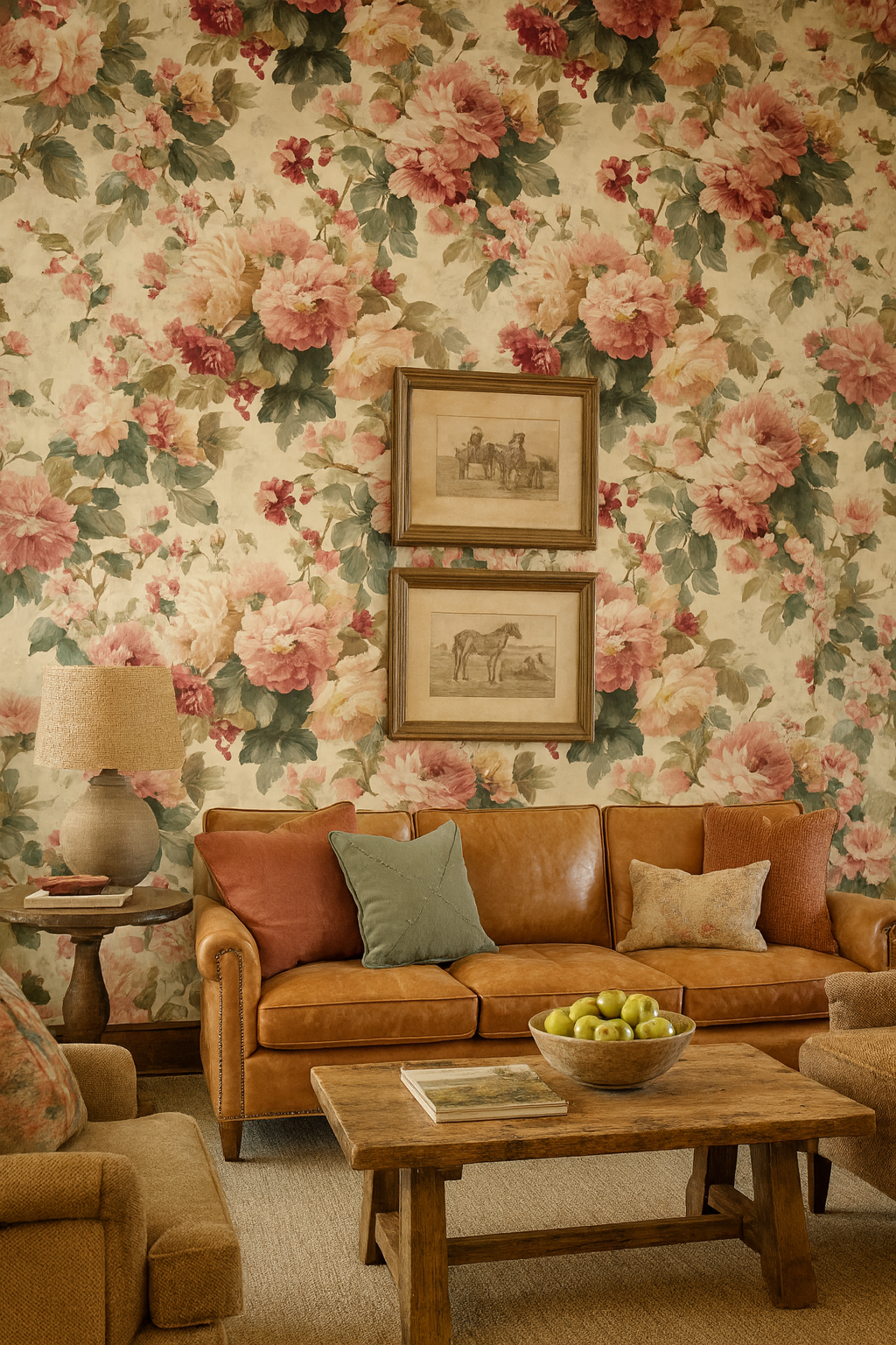 Floral Blush Bloom Ballet wallpaper with pink and green hues, displayed on a wall, providing a vintage-inspired aesthetic.
