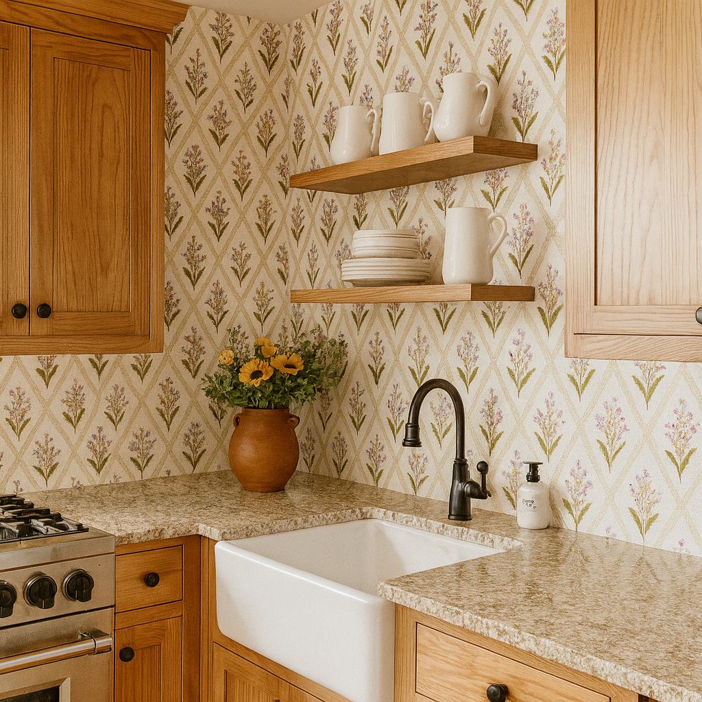 Lavender Lattice Whimsy Wallpaper with lavender and green floral pattern.

