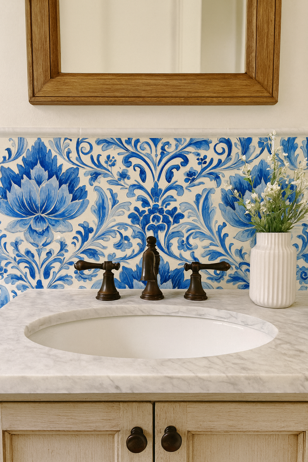 Blue Delft Garden wallpaper with a floral pattern, above a marble bathroom sink.