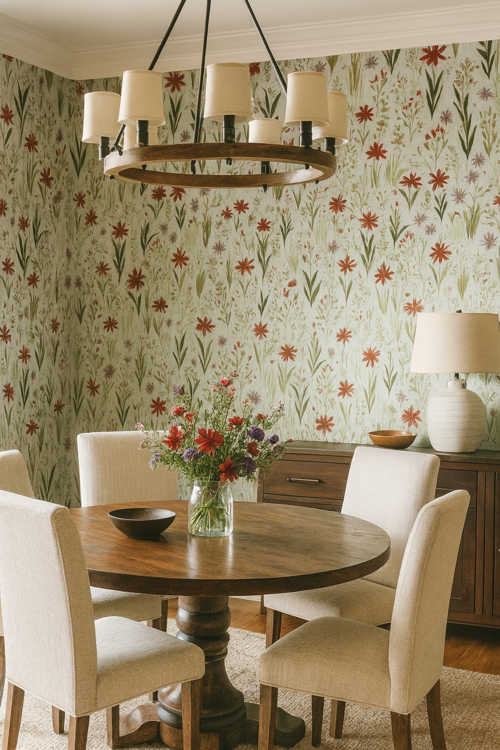 Botanical wallpaper with red and green floral pattern, covering dining room walls.
