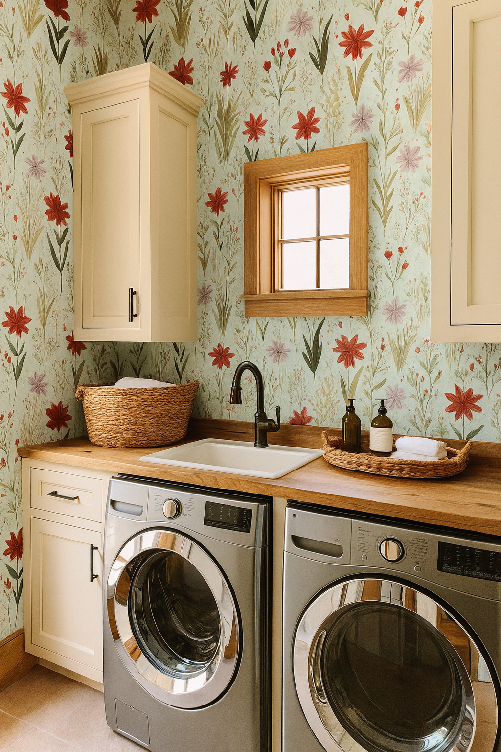 Botanical wallpaper with floral pattern in red, pink, and green on a light blue background.
