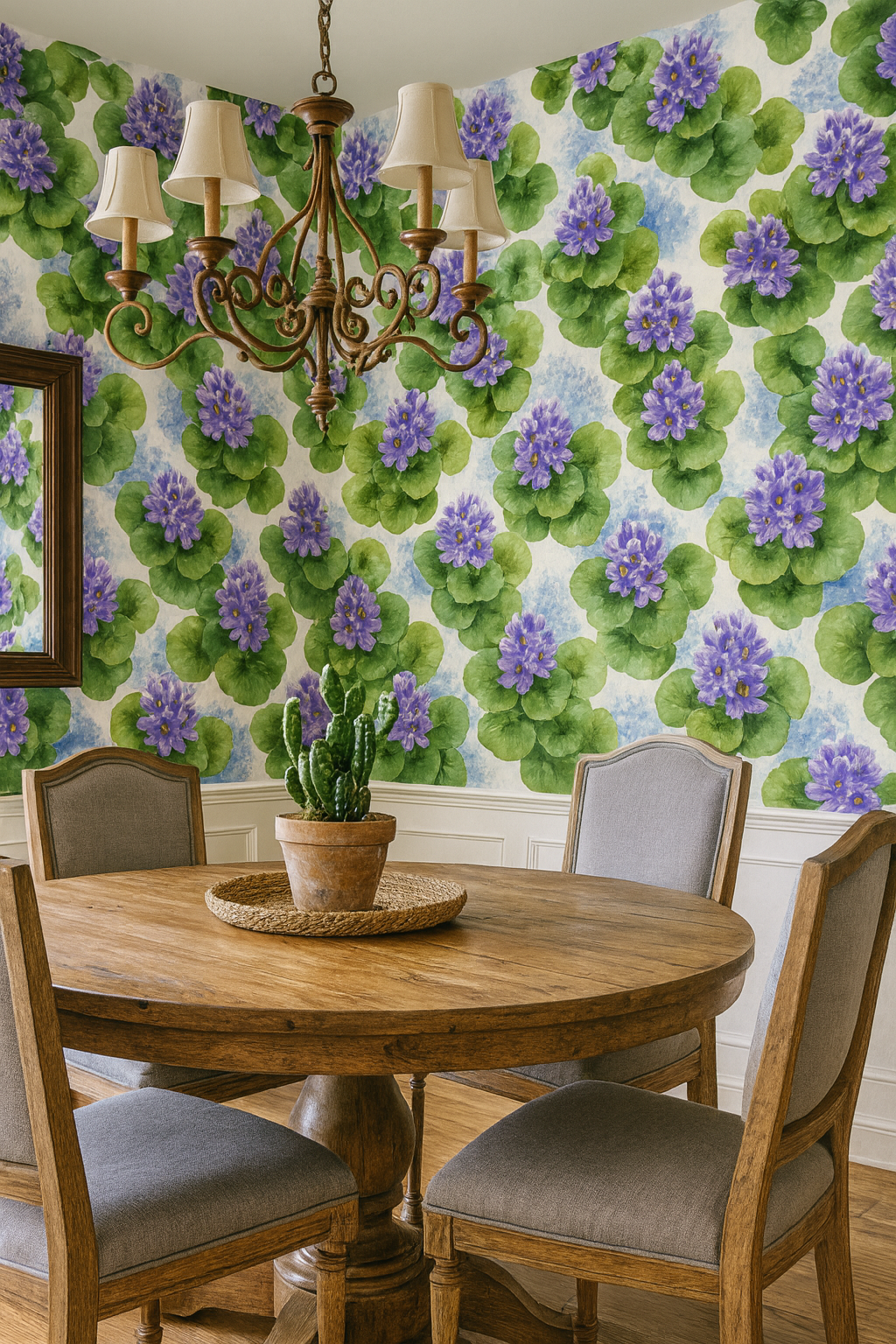 Floral hyacinth wallpaper with blue accents and green leaves, featuring a repeated pattern.