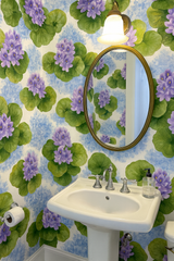 Floral wallpaper with blue and green patterns, featuring hyacinths.

