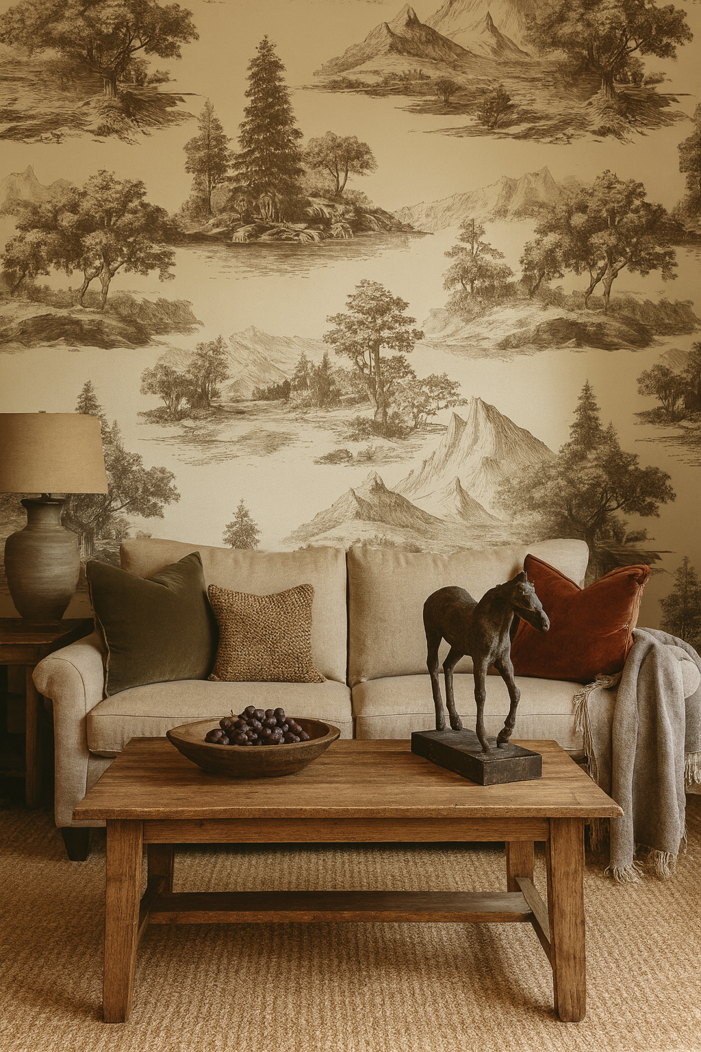 Toile Terrain Wallpaper with a landscape pattern and mountains visible, with a sofa in front.