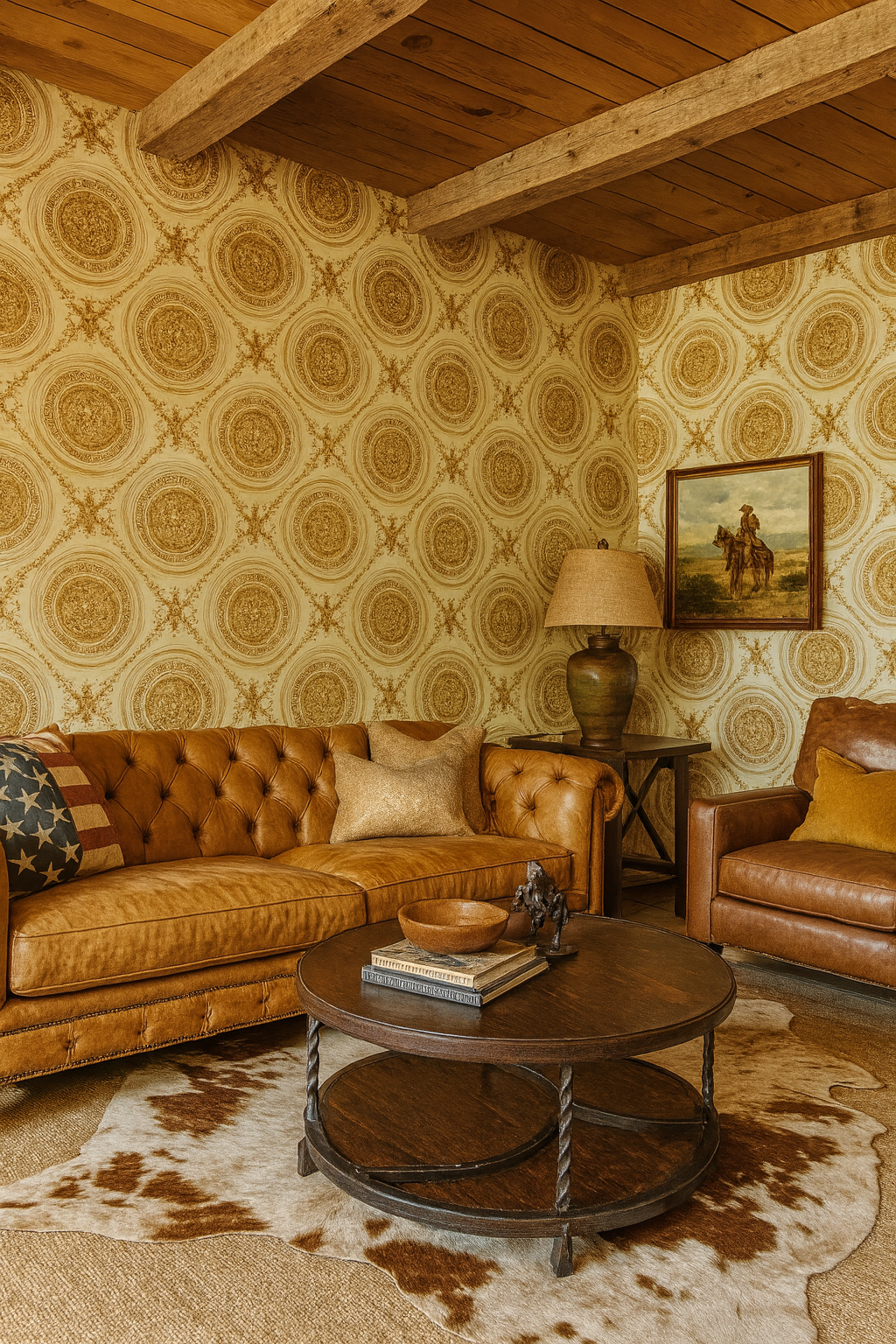 Gilded Medallion Reign wallpaper with circle pattern on the walls of a traditionally decorated living room.
