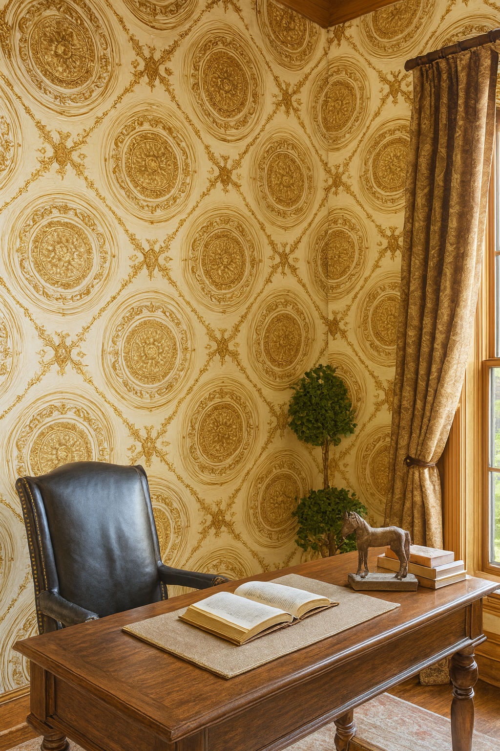 Gilded medallion reign wallpaper with gold pattern and brown decorative details.