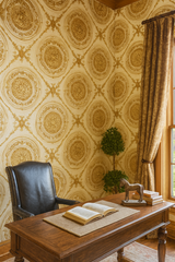Gilded medallion reign wallpaper with gold pattern and brown decorative details.