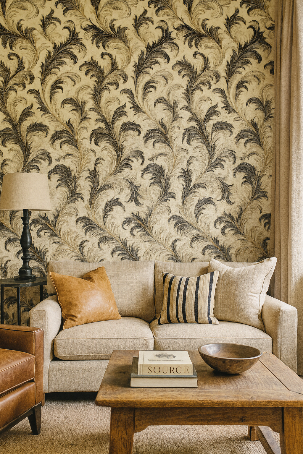 Floral flourish wallpaper in black and gold with swirling feather pattern.
