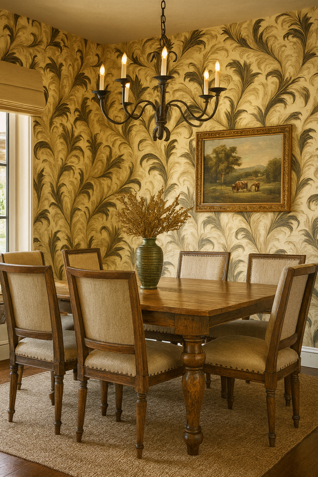 Featherstorm Flourish wallpaper with feather-like pattern, accenting a traditionally styled dining room, complete with a wooden table and upholstered chairs.