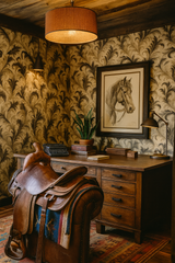 Floral patterned wallpaper, Featherstorm Flourish Wallpaper, featuring leaf accents.