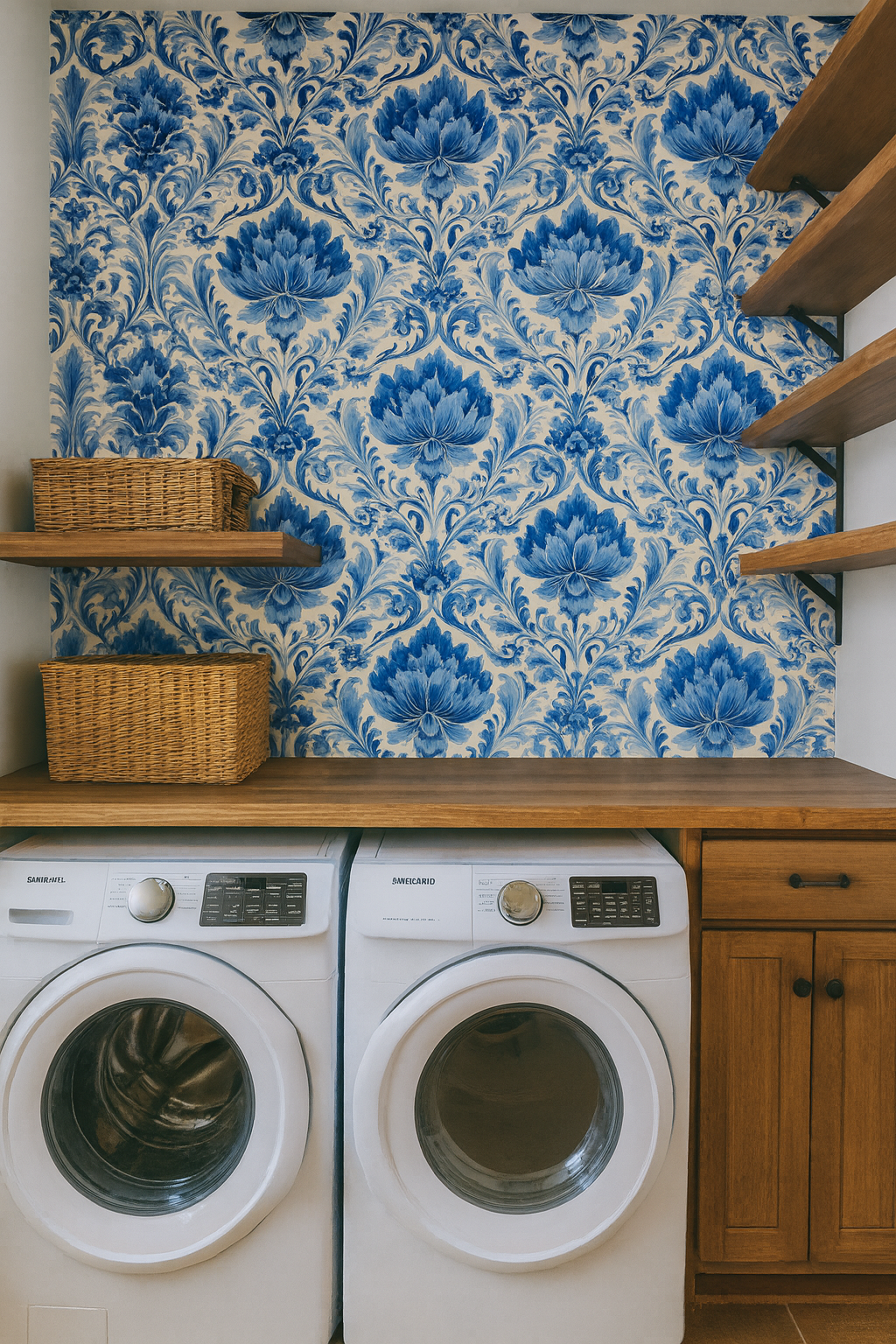 Blue Delft Garden wallpaper with floral pattern on the wall