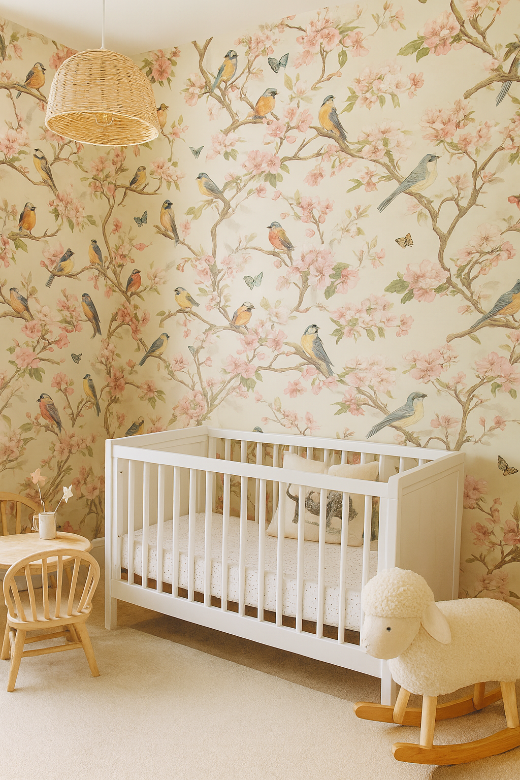 Birdsong Sonata Wallpaper with a birds and floral design on a neutral background.
