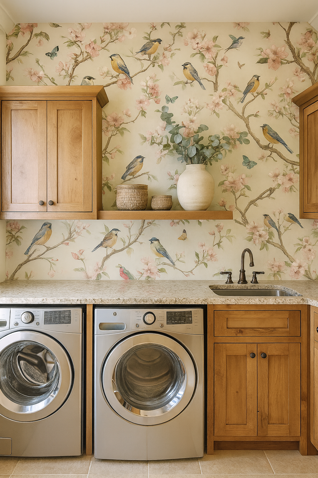 Birdsong Sonata Wallpaper featuring a bird and floral pattern, displayed in a utility room with cabinets, washer, and dryer.

