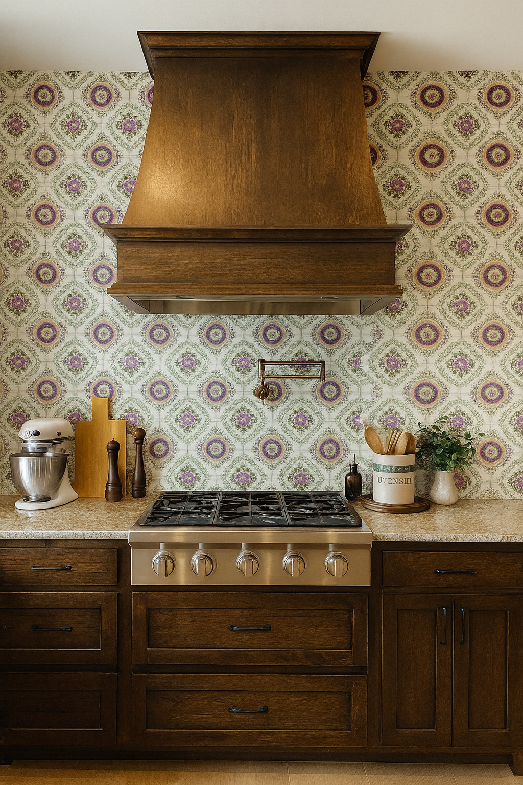 Stitch & Rosette Revival Wallpaper with a purple floral pattern filling a kitchen backsplash behind the stove.