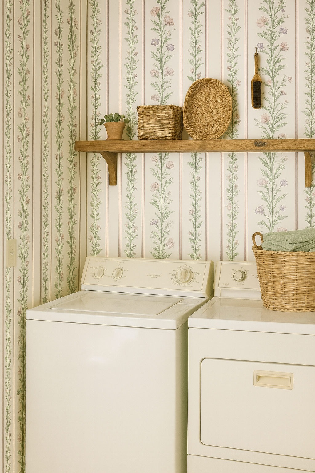 Floral striped wallpaper with green and pink accents, in a vintage style.