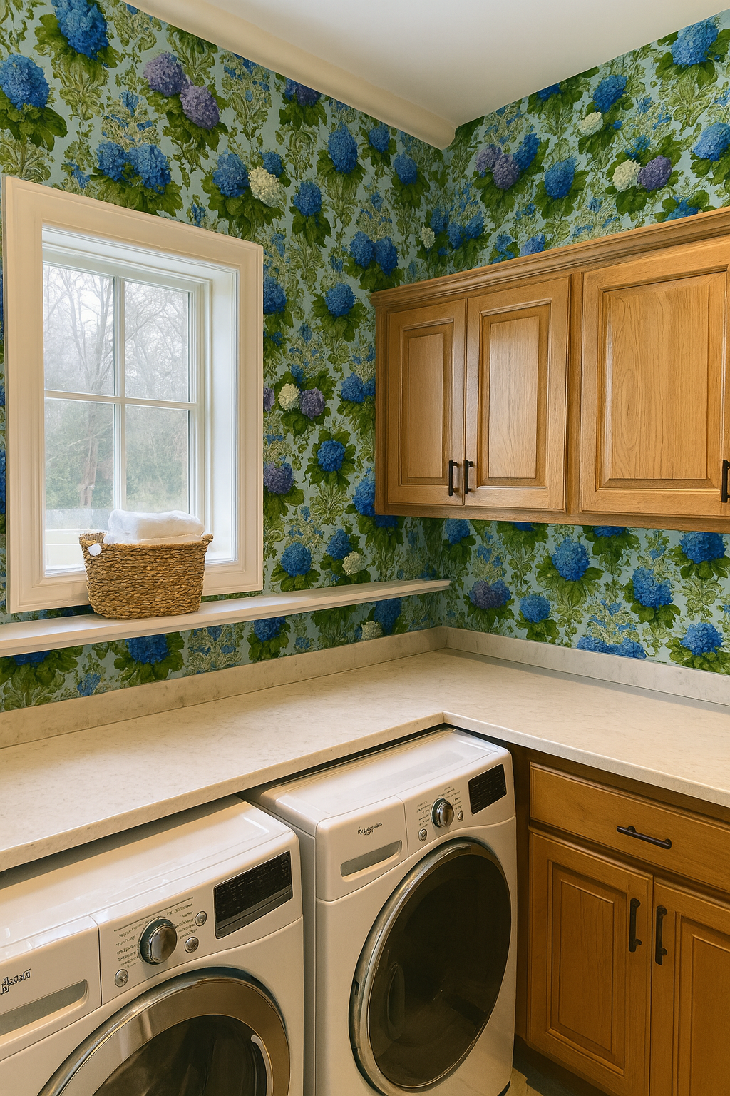 Hydrangea Rhapsody wallpaper with floral pattern, in blues and greens.

