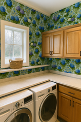 Hydrangea Rhapsody wallpaper with floral pattern, in blues and greens.
