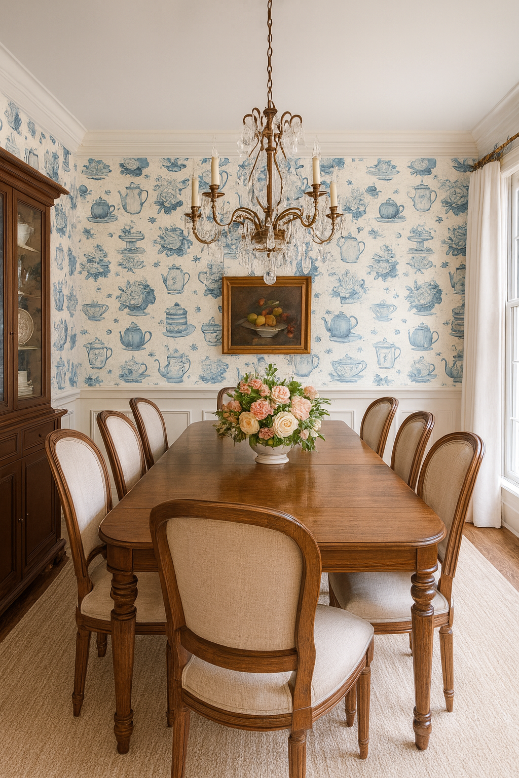 Tea & Toile Tales Wallpaper with blue and white toile pattern.
